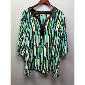 Capacity Unlimited Tunic Womens 1X Green Geometric Split Neck CUL1903X‎ Blouse